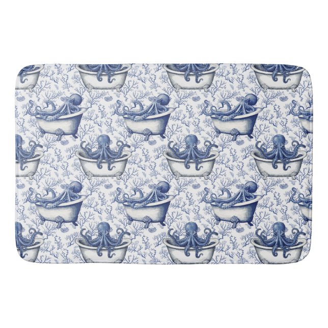 Nautical Navy Octopus in a Bathtub Bath Mat (Front)
