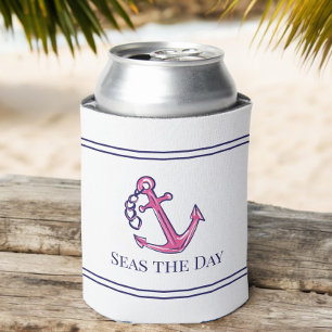 Nautical Navy Pink Anchor Preppy Boat Name Can Cooler