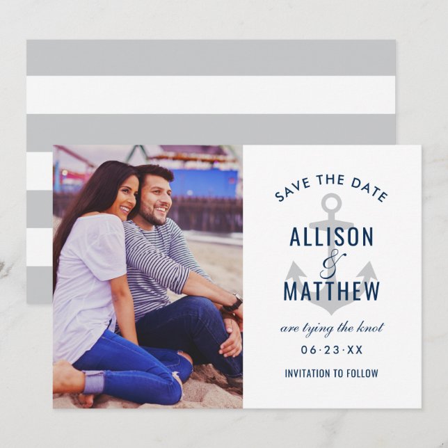 Nautical Navy Platinum Grey Anchor Wedding Photo Save The Date (Front/Back)