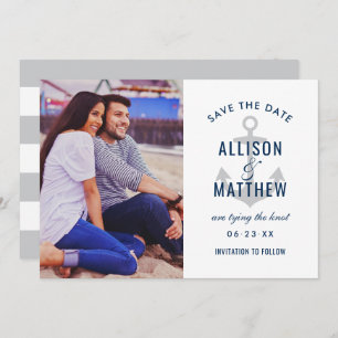 Nautical Navy Platinum Grey Anchor Wedding Photo Save The Date