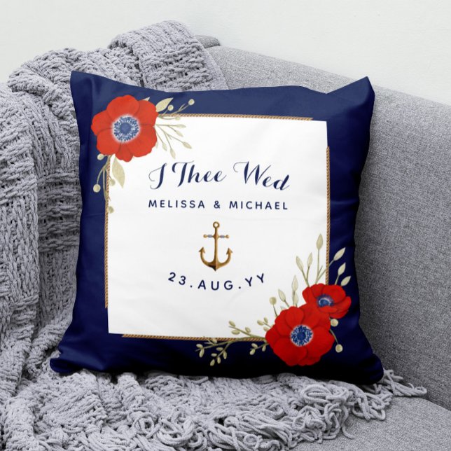 Nautical Navy & Red Anemones Ring Bearer Cushion (Dated Nautical Wedding Ring Bearer Keepsake Pillow with Watercolor Red Anemone and Anchor)