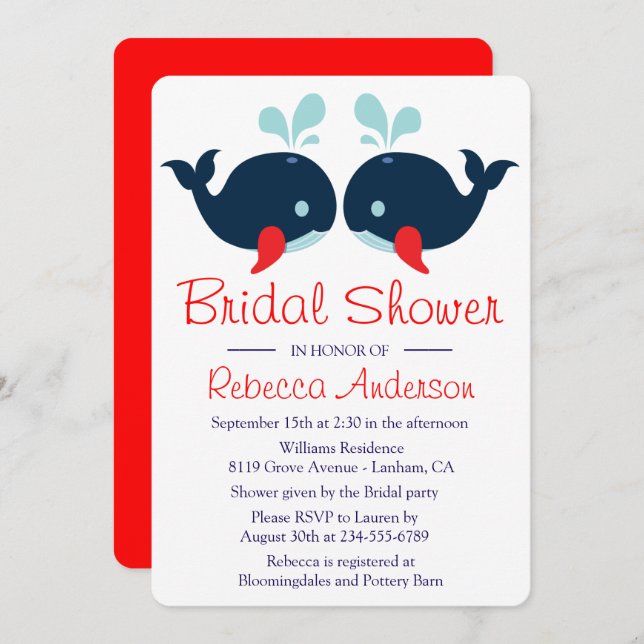 Nautical Navy Red Bridal Shower Whales Wedding Invitation (Front/Back)