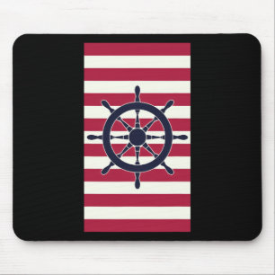 Nautical Navy Red Stripes Striped Wheel Mouse Mat