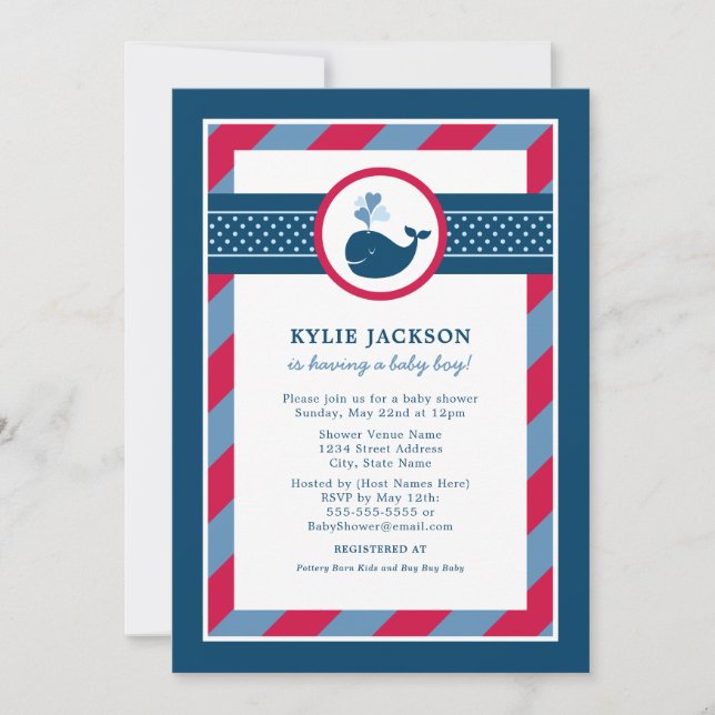 Nautical Navy Red Whale Baby Boy Shower Invitation (Front)