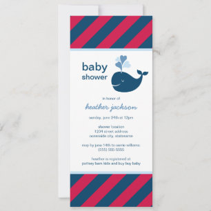 Nautical Navy Red Whale Slim Baby Boy Shower Invitation