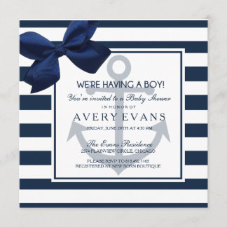 Nautical Navy Ribbon Anchor It's a Boy Baby Shower Invitation