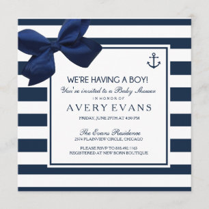 Nautical Navy Ribbon Anchor It's a Boy Baby Shower Invitation