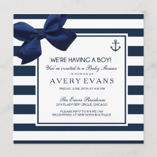 Nautical Navy Ribbon Anchor It's a Boy Baby Shower Invitation