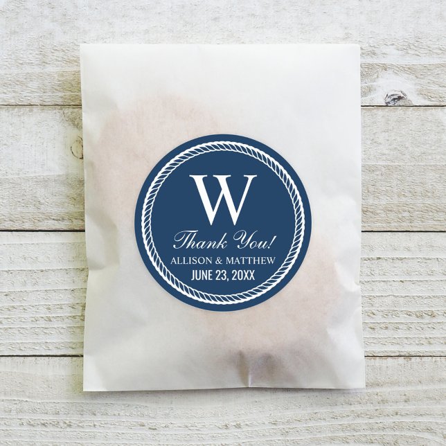 Nautical Navy Rope Wedding Monogram Thank You Classic Round Sticker (Creator Uploaded)