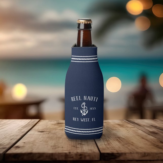 Nautical Navy Rustic Anchor Personalised Boat Name Bottle Cooler (Creator Uploaded)