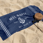 Nautical Navy Rustic Anchor | Your Boat Name Beach Towel<br><div class="desc">Up your boat game with these personalised beach towels in classic nautical navy blue and white. Personalise with your boat name,  ship's registry,  and year established in rustic white lettering with an anchor illustration and rope stripe detailing along the sides.</div>