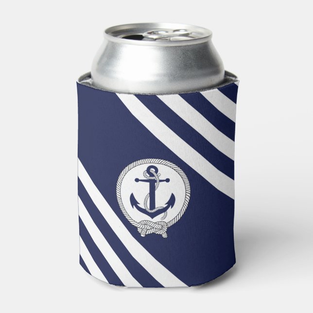 Nautical navy rusty anchor with rope/blue stripe can cooler (Can Front)