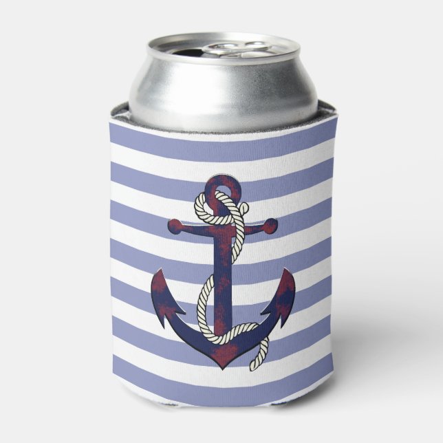 Nautical navy rusty anchor with rope/blue stripe can cooler (Can Front)