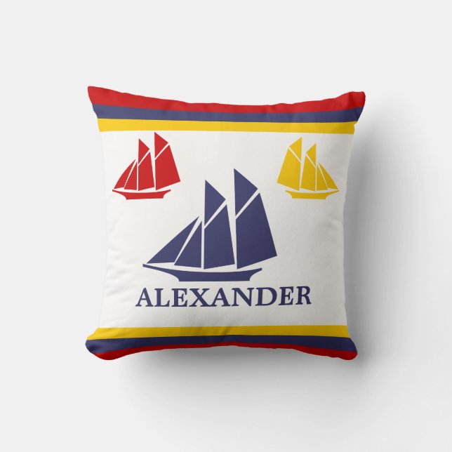 Nautical Navy sailboat blue yellow red white Cushion (Front)