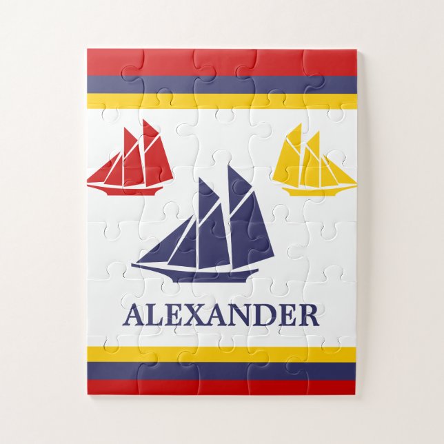 Nautical Navy sailboat blue yellow red white Jigsaw Puzzle (Vertical)