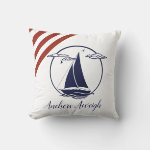 Nautical navy sailboat silhouette/anchors aweigh cushion
