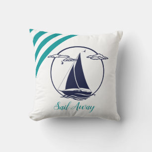 Nautical navy sailboat silhouette/sail away/aqua cushion