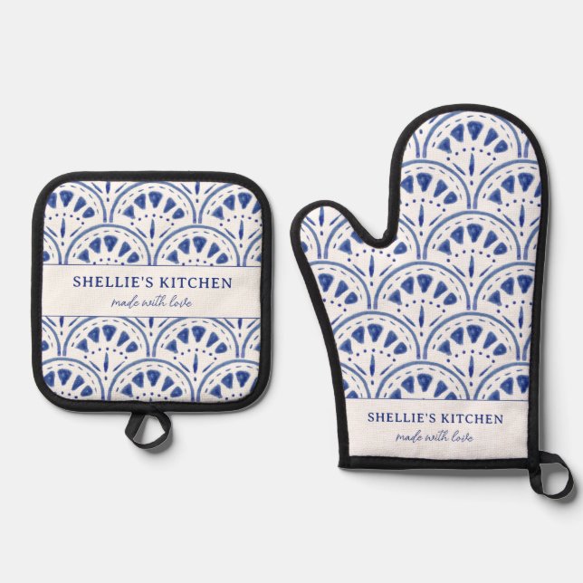 Nautical Navy Sea Shell Made With Love Oven Mitt & Pot Holder Set (Front)