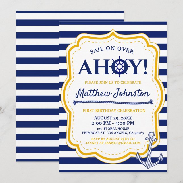 Nautical Navy Ship Baby Boy Stripe Anchor Birthday Invitation (Front/Back)