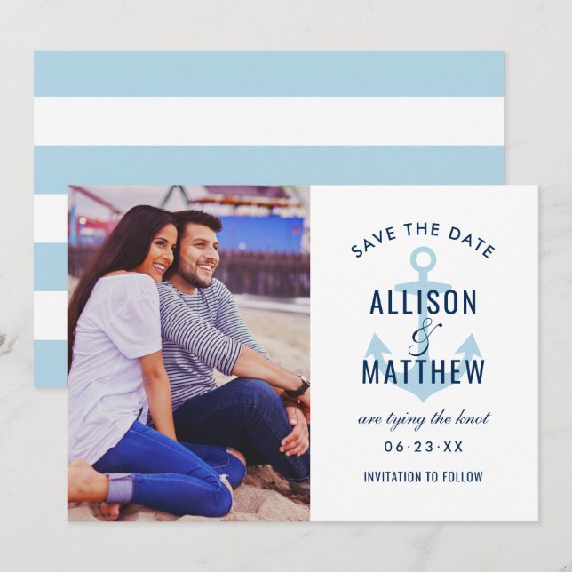 Nautical Navy Sky Blue Anchor Wedding Photo Save The Date (Front/Back)
