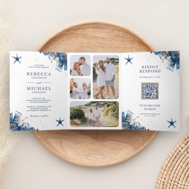 Nautical Navy Starfish All in One QR Code Wedding Tri-Fold Invitation (Creator Uploaded)