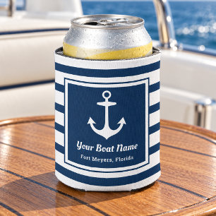 Nautical Navy Stripe Anchor Boat Name Can Cooler