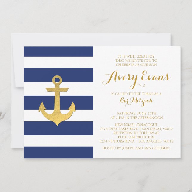 Nautical Navy Stripe Bat Mitzvah Invitations (Front)