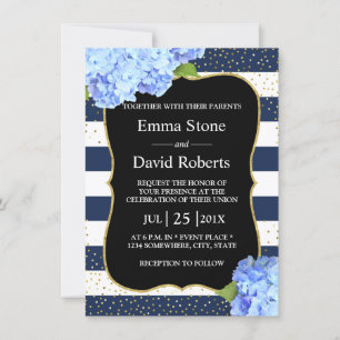 Nautical Navy Stripe Blue Hydrangea Floral Wedding Invitation