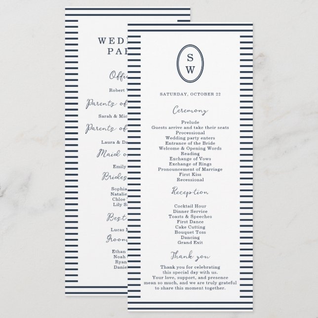 Nautical Navy Stripe Classic Wedding Program Card (Front/Back)
