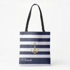 Nautical Navy Stripe Gold Anchor Personalised