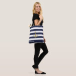 Nautical Navy Stripe Gold Anchor Personalised Tote Bag<br><div class="desc">Gold anchor on navy blue and white stripe background,  personalised bridal party tote bag. Personalise text,  font style,  colour and size. Stripes shown in navy blue can be customised to your choice of colour.</div>
