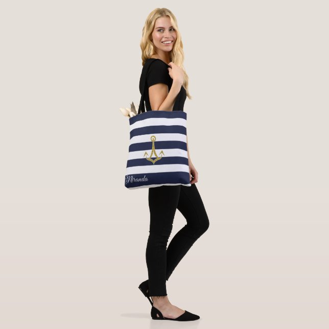 Nautical Navy Stripe Gold Anchor Personalised Tote Bag (On Model)