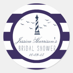 Nautical Navy Stripe Lighthouse Bridal Shower Classic Round Sticker