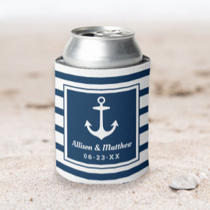 Nautical Navy Stripe Wedding Anchor Can Cooler