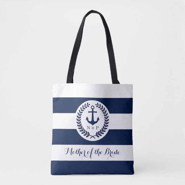 Nautical Navy Stripe Wedding Party Customised Tote Bag (Front)
