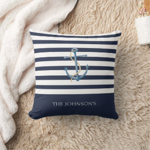 Nautical Navy Striped Anchor Coastal Cushion