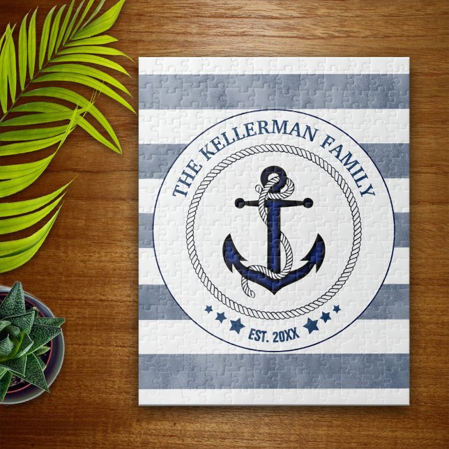 Nautical Navy Stripes and Anchor Family Name Jigsaw Puzzle (Creator Uploaded)
