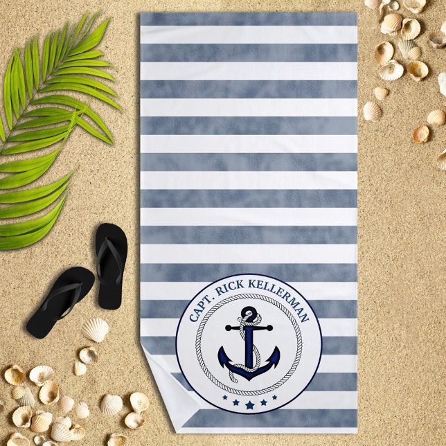 Nautical Navy Stripes and Anchor Personalised Beach Towel (Creator Uploaded)