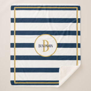 Nautical Navy Stripes Custom Monogram Name Sherpa Blanket