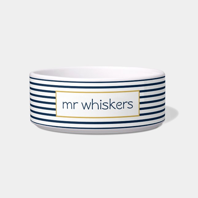 Nautical Navy Stripes Custom Name Dog Bowl (Front)