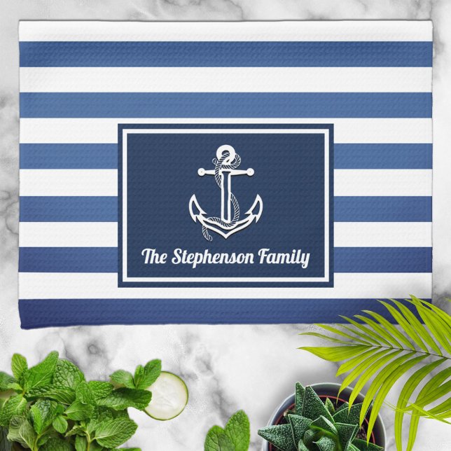 Nautical Navy Stripes Family Name Personalised Tea Towel (Creator Uploaded)