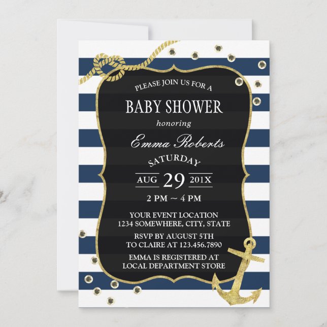 Nautical Navy Stripes Gold Anchor Baby Shower Invitation (Front)