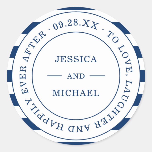 Nautical Navy Stripes Happily Ever After Wedding Classic Round Sticker (Front)