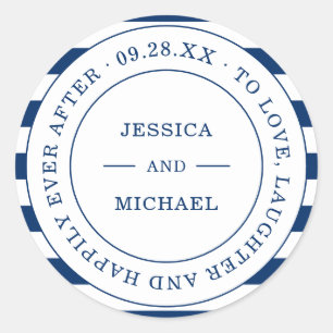 Nautical Navy Stripes Happily Ever After Wedding Classic Round Sticker