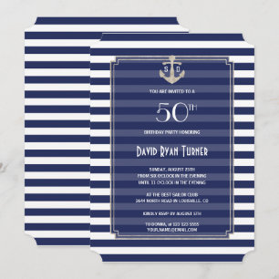 Nautical Navy Stripes Silver 50th Birthday Party Invitation
