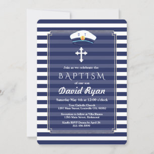 Nautical Navy Stripes Silver Boy Baptism Invite