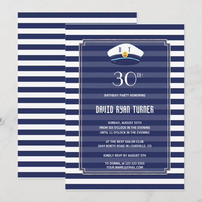 Nautical Navy Stripes Silver Man Birthday Party Invitation (Front/Back)