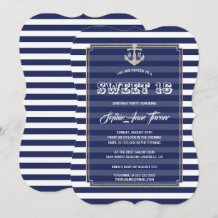 Nautical Navy Stripes Silver Sweet 16 Party Invitation