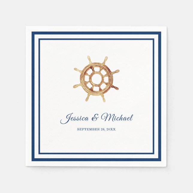 Nautical Navy Stripes Watercolor Steering Wheel Napkin (Front)