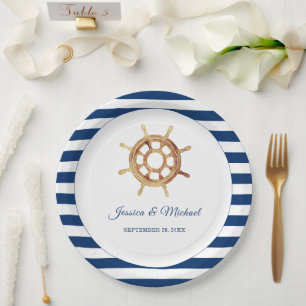 Nautical Navy Stripes Watercolor Steering Wheel Paper Plate